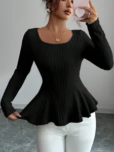 Autumn Winter Solid Color Knitted Square Neck Long Sleeve Slim Fit Top, Knitwear, Y2K Sexy Streetwear, Women's Fashion Tee