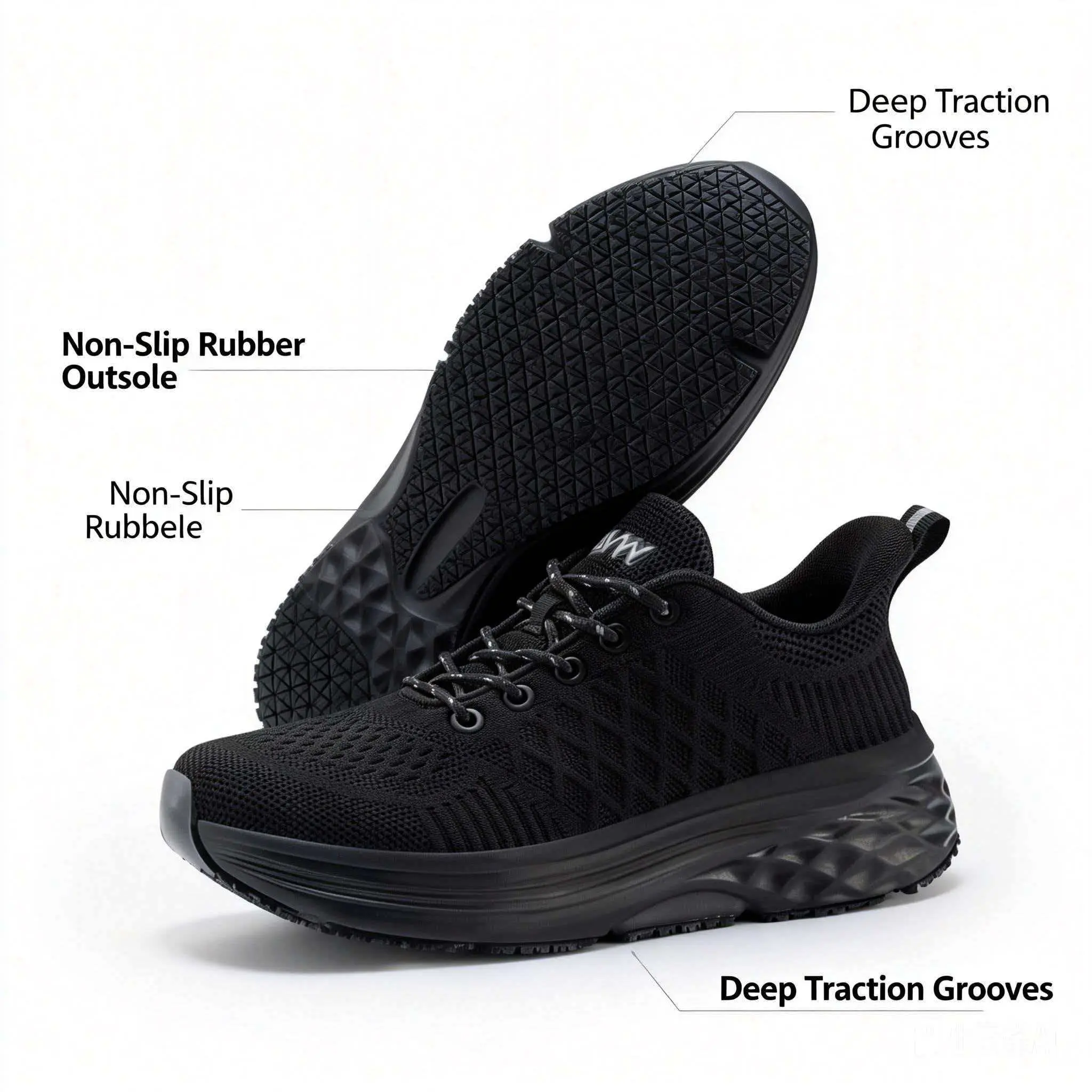 Women's Casual Trainers, Solid Black Lace-up Work Shoes with Cushioned Anti-Slip Sole, Lightweight Footwear for Chefs & Servers, Anti-Slip Sole Casual Trainers, Non Slip Shoes For Work, Laces Casual Trainers