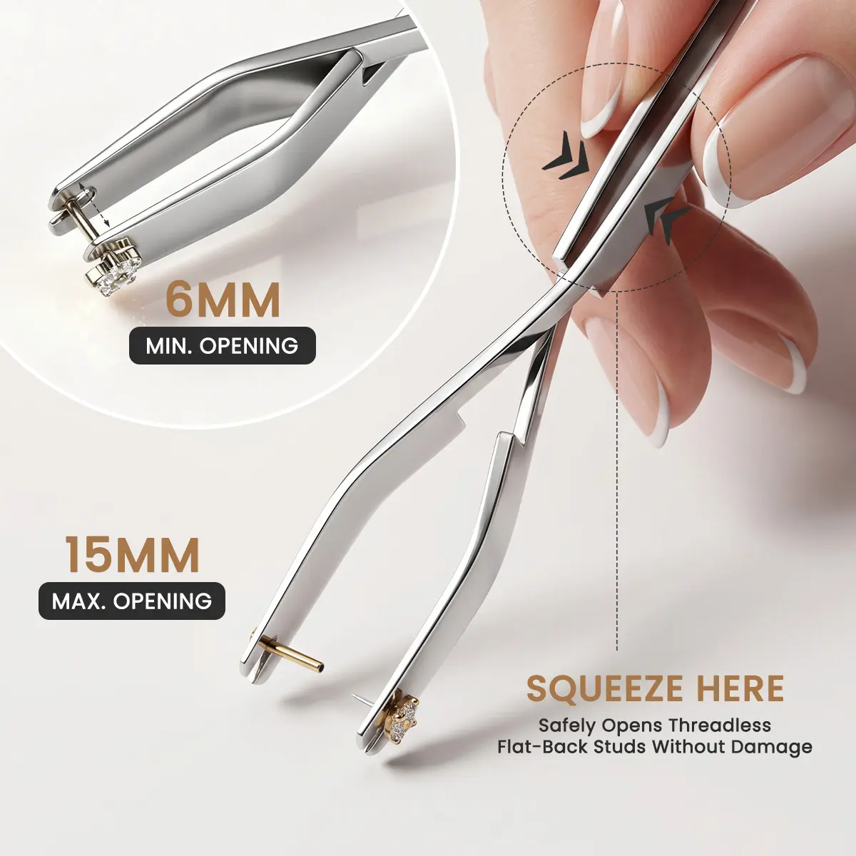 Threadless Jewelry Removal Tool for Flat Back Earrings, Labret Studs & Nose Studs – Stainless Steel Separator Tool