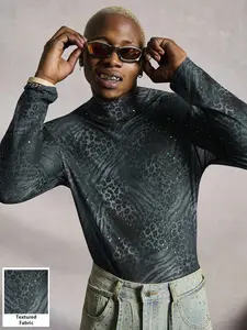 Men's Leopard Print Sequined Long Sleeve Top, Animal Print Shirt, Casual Party Shirt, Casual Slim-Fit Design, All-Over Print, Thin Fabric, Perfect for Parties & Street Style, Casual Fashion Top