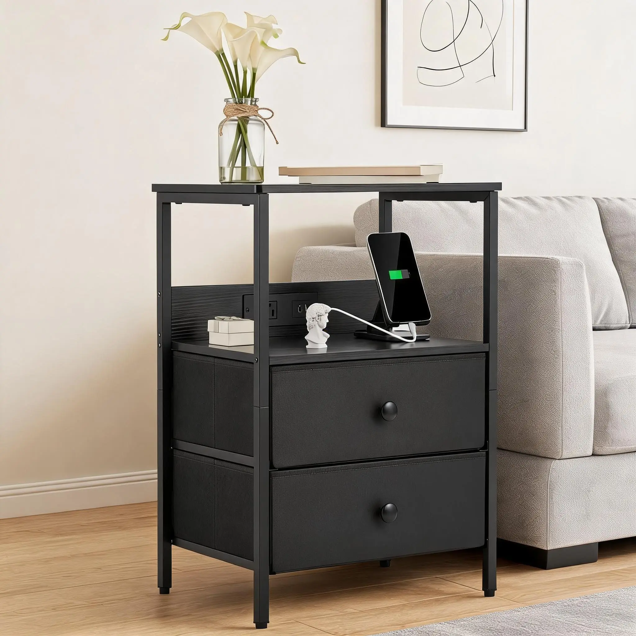Nightstand with Charging Station, Compact Night Stand End Table with 2 Fabric Drawers & Open Storage Shelf, Side Table with USB, Type c Ports & Outlets, Modern Bedside Table for Bedroom, Black