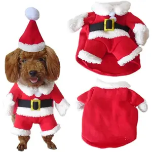 Christmas Pet Costume Cosplay Santa Claus Dog Coat with Xmas Hat Soft Fleece Fabric for Small Medium Dogs Cats Winter Outfits