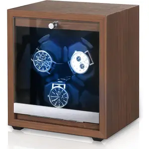 3 Wooden Watch Winder for Automatic Watches with Super Quiet Japanese Motor, 4 Rotation Modes, Blue LED Light, Memory Foam Pillows for Men & Women