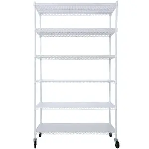 White NSF Heavy-Duty Metal 6-Layer Steel Wire Shelf - 6000lbs Capacity Industrial Expandable Adjustable Storage Rack with Wheels, Waterproof Liners (84"H x 48"L x 20"D) for Garage, Commercial Use