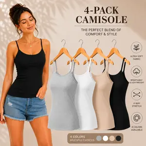 【4 Pack】Womens Cami Tank Tops Soft Stretch Breathable Camisoles Basic Layering Spaghetti Strap Sleeveless Tanks Cotton Blend Everyday Essential Undershirts Casual Fitted Summer Tops for Women Lounge Workout Black White Gray Nude Multipack S-XXL