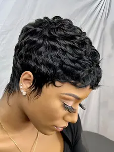 Pixie Cut Human Hair Wigs Gifts Burgundy Machine Made Short Straight Layered Wig for Women Natural Daily Party Cosplay Gift Use