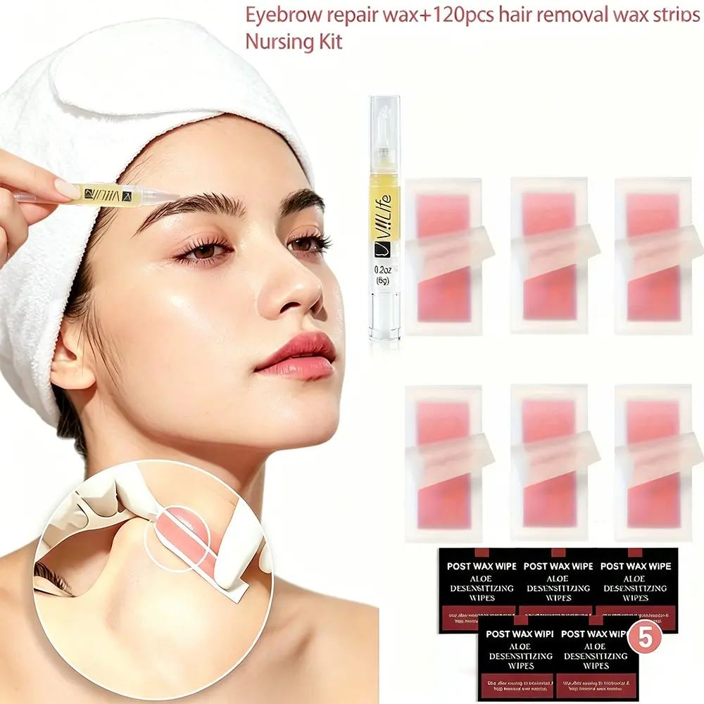 Hair Removal Wax Strips Set, 120pcs Strawberry Scented Dual-Sided Wax Strips for Face, Includes Eyebrow Wax and 5 Wet Wipes, Gentle for Sensitive Skin