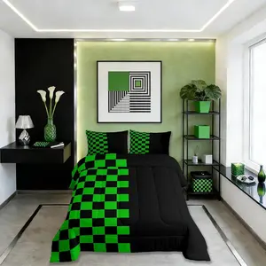 Geometric Plaid Kids Comforter Set,Patchwork Grid Video Games Bedding Set,Boys Room Decor,Simple Lattice Abstract Quilt Comforter,Black & Green Duvet Set,Bedroom Quilt Set