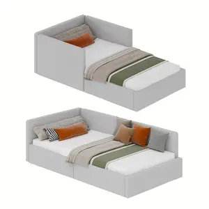 Light Gray Twin Corner Bed Frame with Headboard, Bed Frame with Bed Rails, Velvet Upholstered Sofa Bed with Guardrail for Bedroom, Guest Room, Adjustable Installation