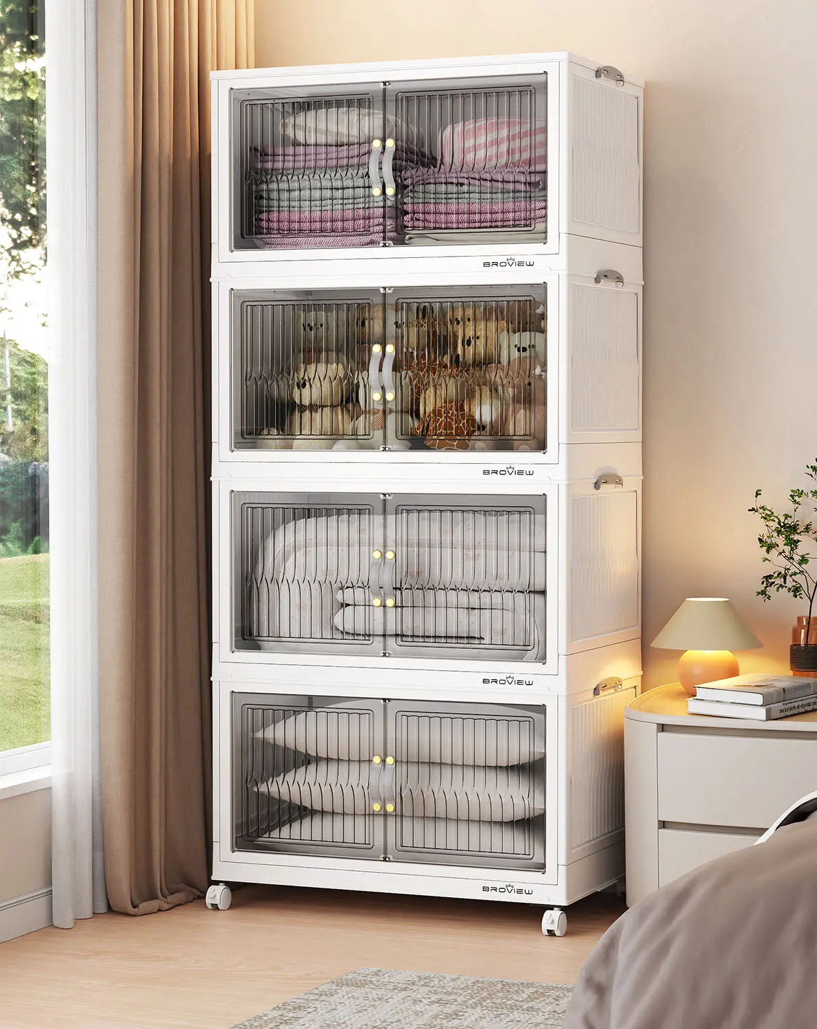 BROVIEW 180Qt/240Qt/300Qt Stackable Storage Bins with Lid, Each 60Qt Stackable Storage Bin, Closet Organizer and Storage Drawer, Collapsible Storage Box with Wheels, Plastic Clothes Storage Cabinet Containers for Home Organization White-180Qt-3Pack