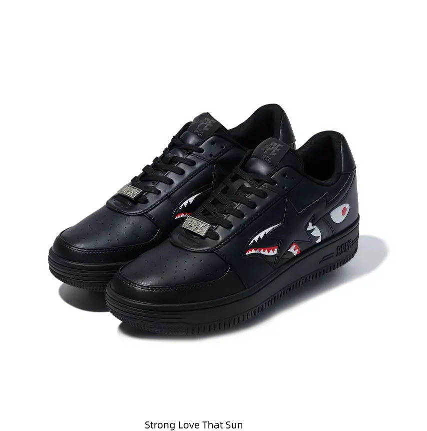 Unisex All-Black Leather Low-Top Sneakers with Classic Shark Mouth Graphic and ape head print on the side, textured metal shoelace ornaments, full black thick sole, dark streetwear style casual shoes for men and women