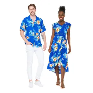 Matchable Couple Hawaiian Luau Shirt or Wrap Ruffle Dress in Hibiscus Blue
