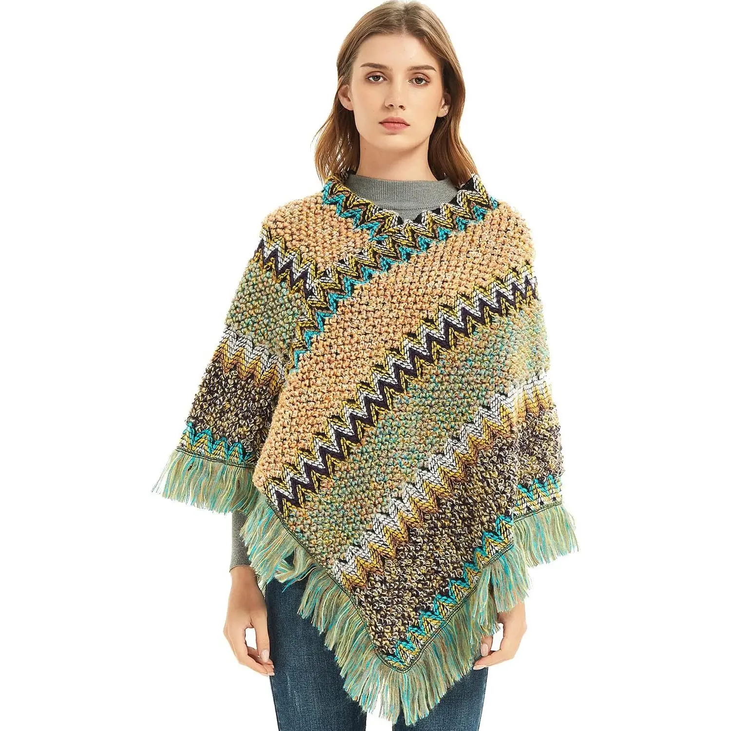 Women's Plaid Poncho Sweater, Long Sleeve Drop Shoulder Knit Pullover with Tassel Fringe, Knitting, Fitted, Longsleeves, Zig-Zag Knit, Lady, Tops