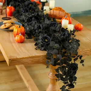 PARTY JOY 6.56ft Halloween Decorations Black Garland with Flowers 8 Black Roses, Floral Garland Greenery for Indoor Outdoor Backdrop Wall Fall Decor for Home