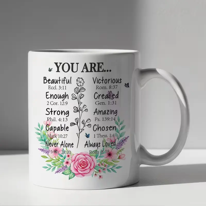 1-Pack 11oz Ceramic Coffee/Teacup, Bible-Based "You Are..." Affirmations, Inspirational Religious Theme with Floral Designs, Thoughtful Gift for Faithful Individuals