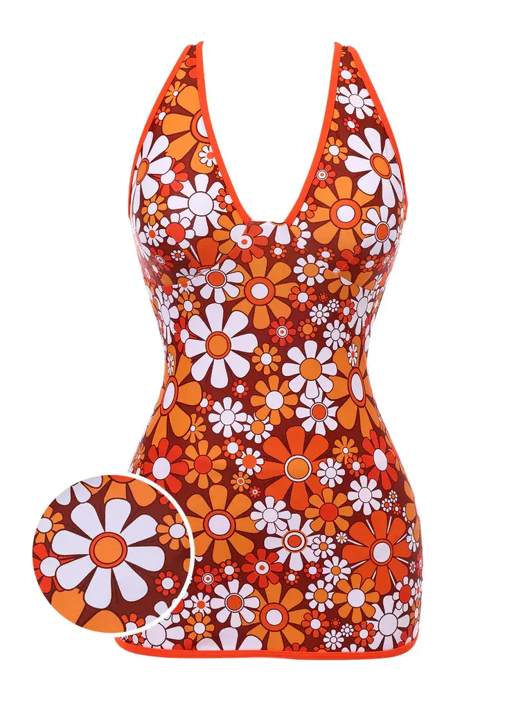 RETRO STAGE Women's Brown 1960s Bohemian Psychedelic Feminine Floral Print 1-Piece Swimsuit Swimdress Beachwear, Built-In Wireless Bra, Removable Pads, Medium Stretch Polyester Blend, Multi-Size, Swimsuits, One Piece Swimsuit Triangl Swimwear