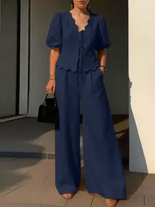 ZANZEA Women's Casual Suit, V Neck Short Sleeve Lace Up Shirt + High Waist Elastic Wide Leg Pants, Loose-Fitting, Plain Pattern, Ideal for Daily Wear, Womenswear