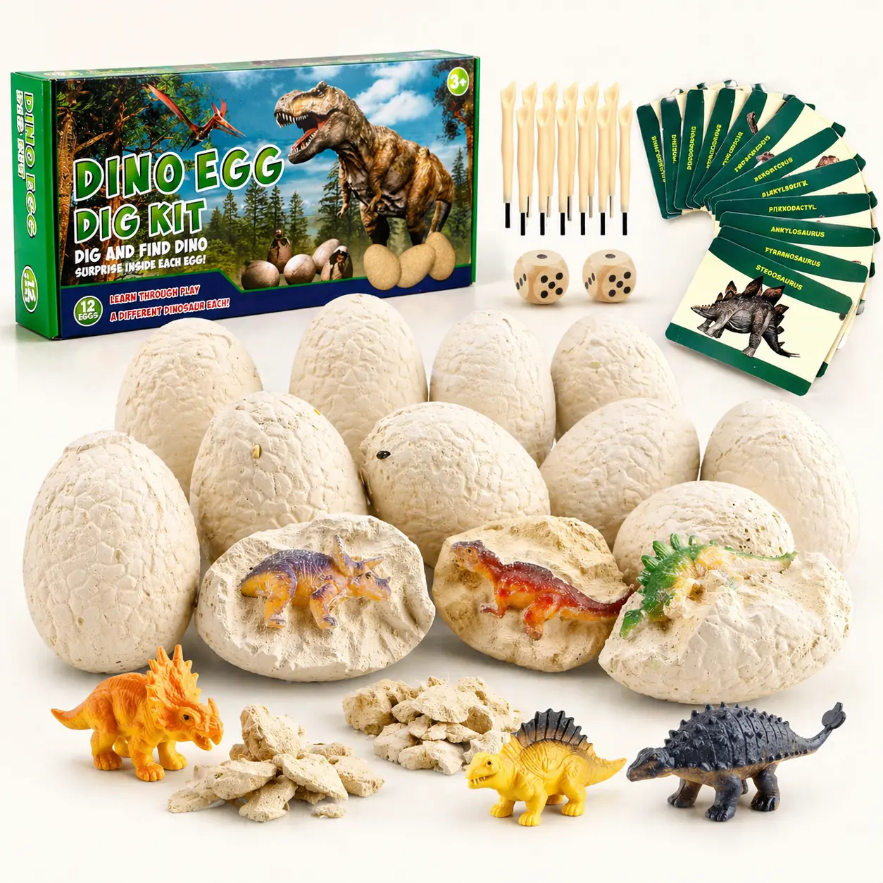 Dinosaur Egg Dig Kit for Kids, 12 Dino Eggs Excavation Science Toy Set with Dinosaur Figures, Dig Tools, Brushes & Activity Mat, STEM Learning Toy Gift for Boys Girls