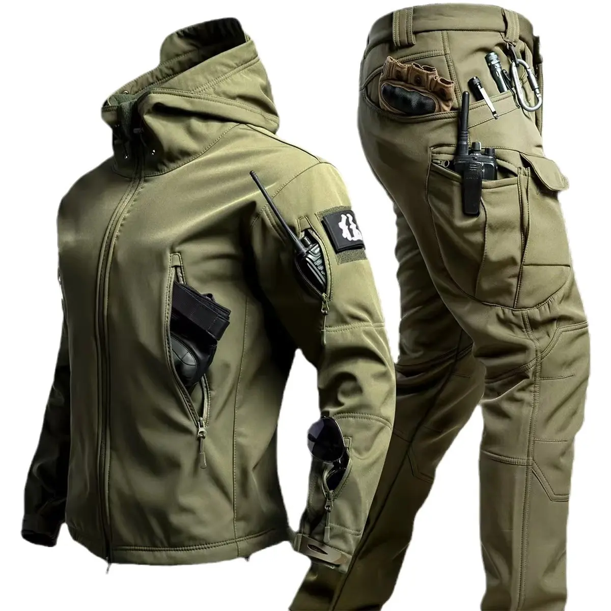 Men's Waterproof Military Tactical Jacket with Reflective Tabs, Long Sleeve Coat in 4-Way Stretch Softshell for Tactical Training, Male, Outdoor, Thermal Brushed Fleece, Fleece, 4-Way Stretch Softshell Fabric, Softshell Fabric