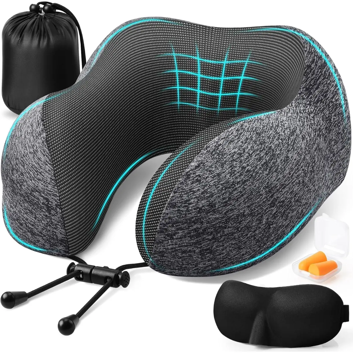 Travel Pillow, Memory Foam Neck Pillow Airplane, Grey | Travel Pillows for Airplanes, Neck Pillow Airplane, Memory Foam Neck Pillow Set with Eye Mask, Earplugs