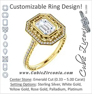Cubic Zirconia Engagement Ring- The Sydney Ava (Customizable Cathedral-Bezel Emerald Cut Filigreed Design with Halo & Pavé Accents)