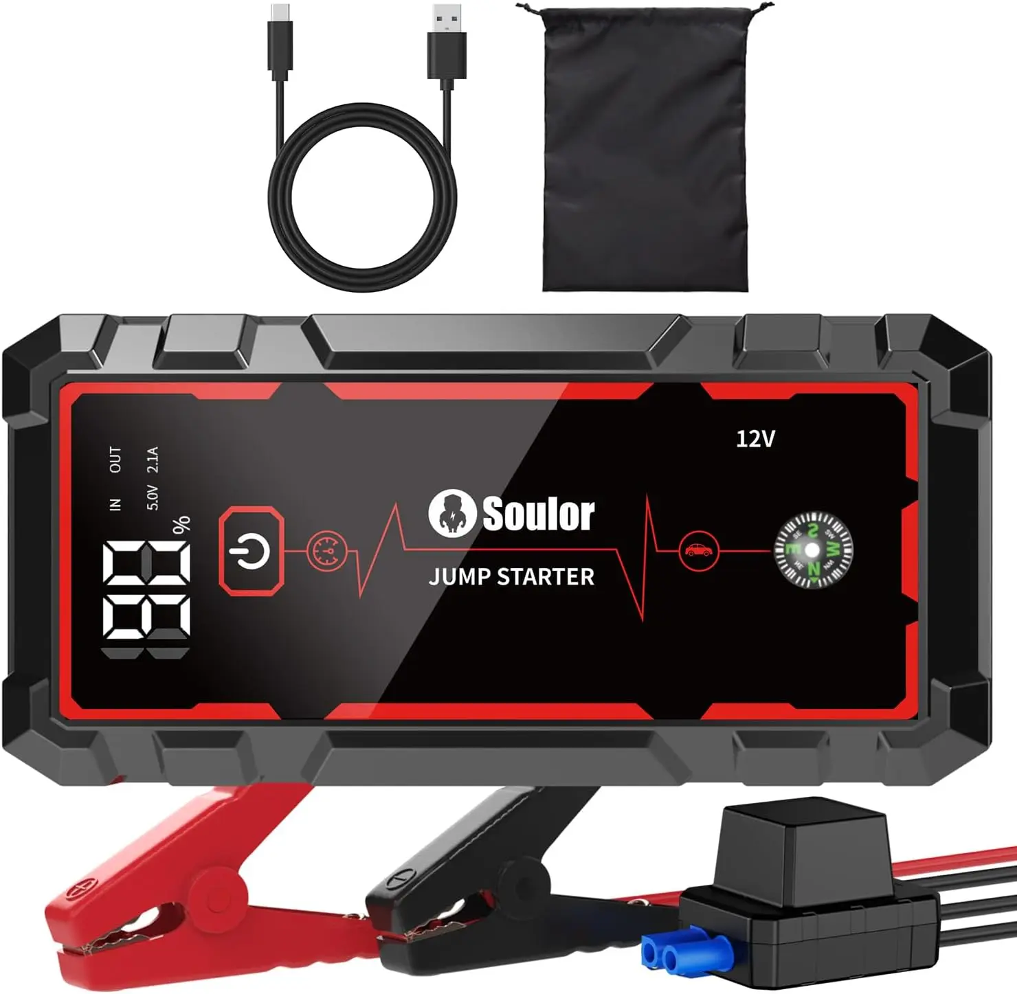 Soulor 12V Portable Car Jump Starter 8000mAh, Powerful Battery Booster Pack with Smart Jumper Cables, LCD Screen, LED Flashlight, USB Fast Charging, Emergency Starter for Cars, Trucks, SUVs & Diesel Vehicles