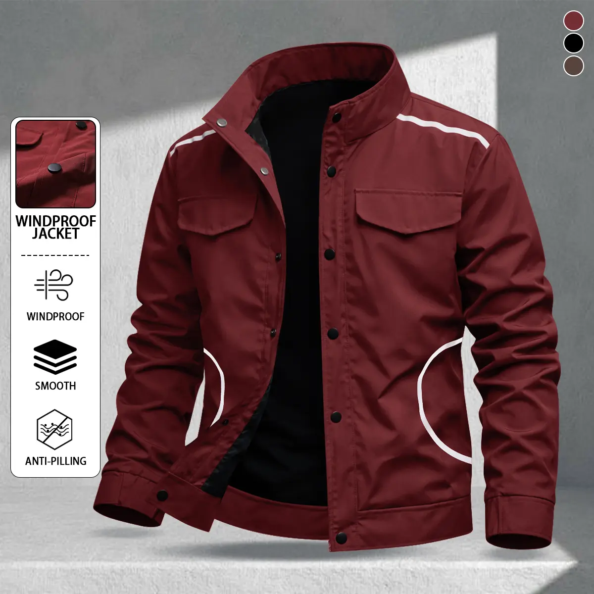 Men's stylish windproof stand collar jacket with reflective stripes, featuring smooth anti-pilling fabric, multiple pockets, and practical design, suitable for daily wear and outdoor activities.