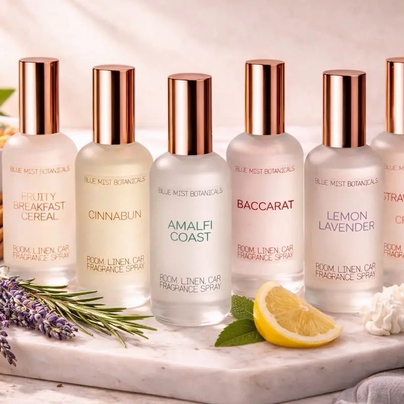Blue Mist Botanicals Linen Spray - Fruity Breakfast Cereal, Cinnamon, Amalfi Coast, Baccarat Lemon, Lavender, Banana Pudding, Ocean, Santal, Cherry, Bfay Cake, Strawberries & Cream - Versatile Scent Options for Home Ambiance