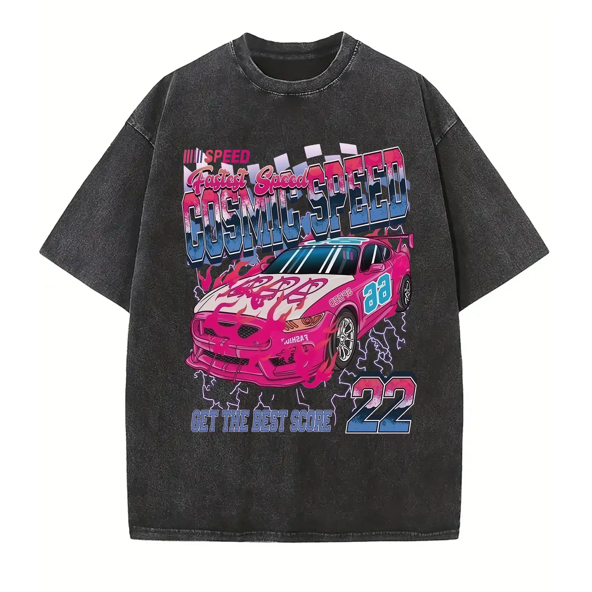 Menswear Loose Short-Sleeve Round Neck T-Shirt - 22 Cosmic Speed Vintage Washed Racing Car Graphic, Oversized Black/Pink Streetwear Cotton Retro Motorsport Top for Men, Shortsleeve, Tshirt, Minimalist, Herringbone, Relaxed, Lightweight, Graphic Print