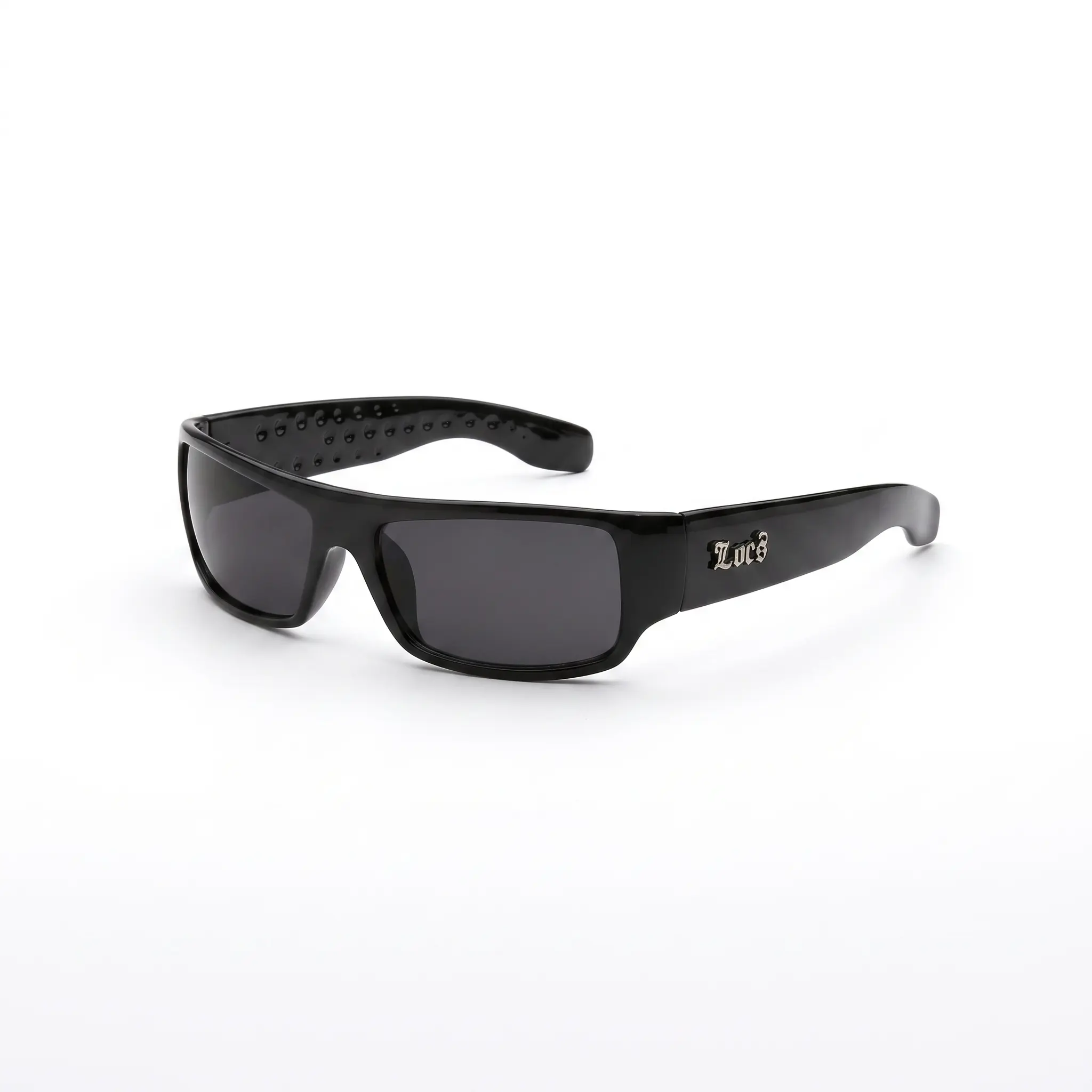 LOCS Sport Wrap Shades Rectangular Gloss Black Lightweight Logo Temple Dark Smoke Lens UV400 Biker Hardcore Hip Hop Rapper OG Cholo Lowrider Sunglasses | Authentic Original Genuine LOCS