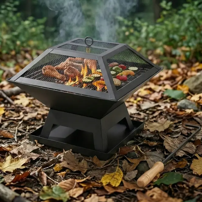 Heavy Duty square fire pit with Mesh Lid & Poker - Wood Burning Outdoor Fire Pit for Patio Heating - Multipurpose Fire Pit
