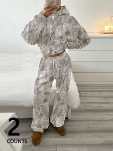 Women's Two-Piece Set Hoodie & Sweatpants, Casual Street Style, Light Floral Print, Fashionable Outdoor Wear, Vintage Minimalist Design, Fitted