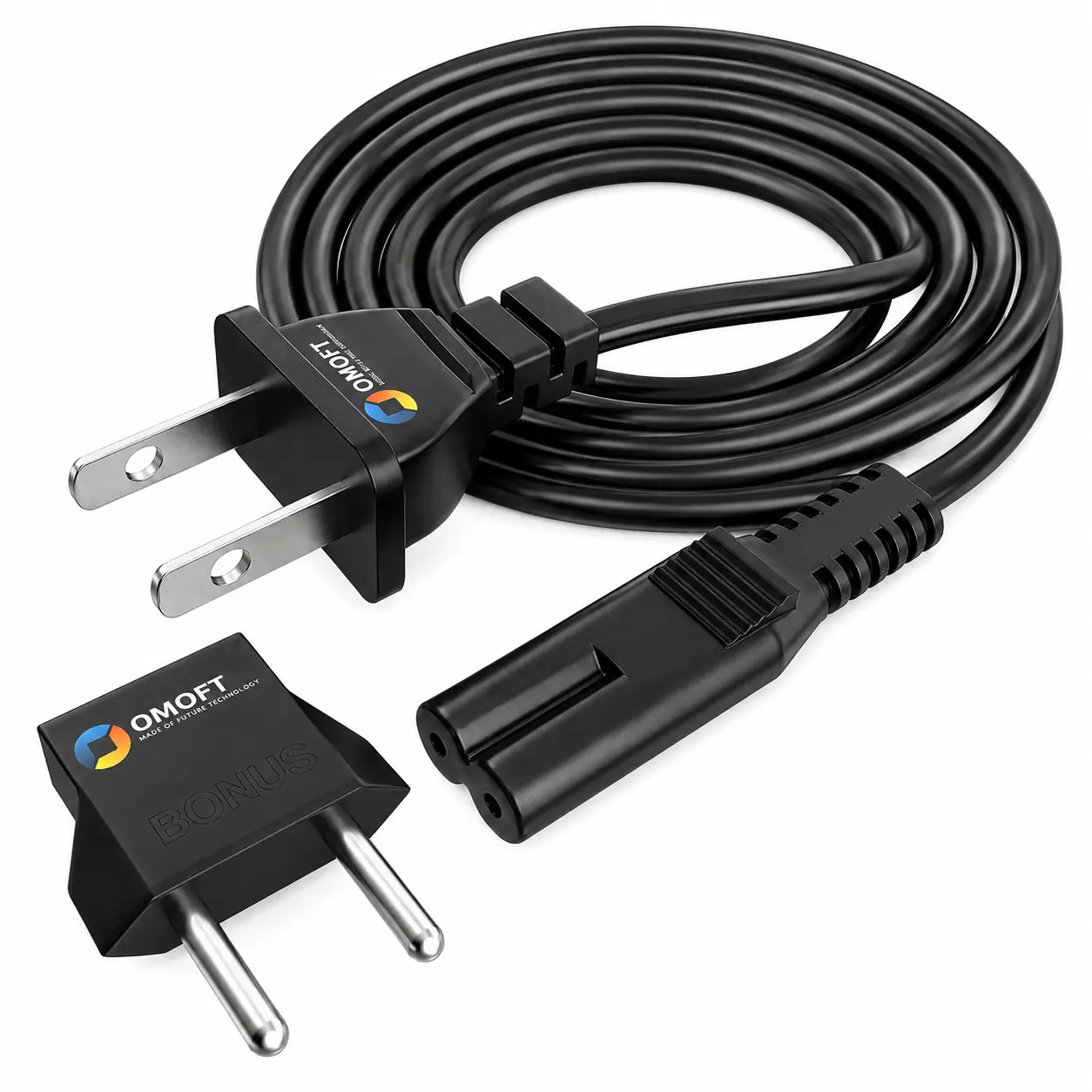OMOFT Universal AC Cable Power Cord 2 Prong 5Ft with European Adapter Conversion for Epson Printers, Vizio, Sony, Canon, HP, and More
