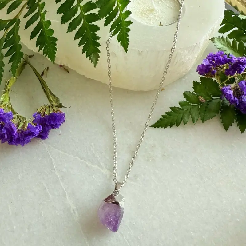 Raw Amethyst Necklace, Natural Crystal Pendant on Silver Chain, Cottagecore Jewelry Gift, Soft Purple Stone Necklace for Her