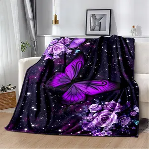 Starry Sky Purple Butterfly Flannel Blanket, Ultra-Soft Plush Throw with Rose & Glitter Star Print, Cozy Warm Fleece Blanket for Couch Bed, Perfect Gift for Butterfly Lovers, All-Season Comfort
