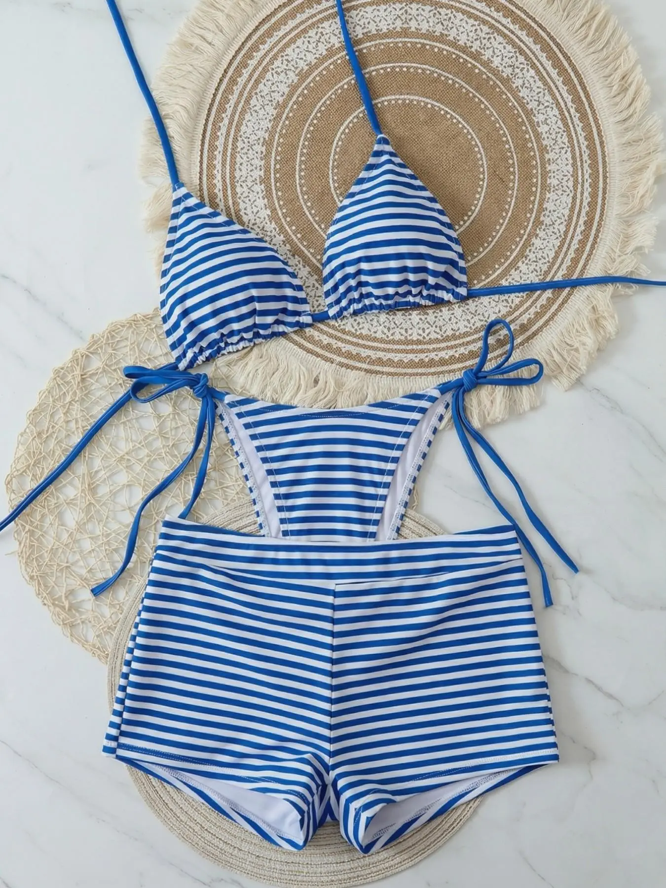 Summer Blue Striped Halter High Waisted Bikini Set for Women, High Waist Split Swimwear, Beach Surfing Swimsuit, Sun Protection, Striped Swimsuits
