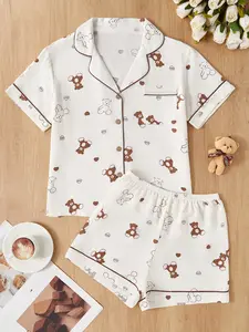 2-Piece Kawaii Teddy Bear Pajama Set Cream Brown Heart Bubble Wrinkle Sleepwear Notch Lapel Button Down Lounge Wear For Her