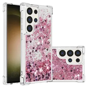 Sand-shaped heart design, flowing glitter, transparent, four-corner shock-resistant phone case suitable for Samsung GalaxyS26  S25, 24, 23, 22 Ultra Plus. Sparkling women's protective case, perfect as a Christmas gift.