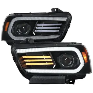 2011-2014 Dodge Charger Projector Headlights w/ LED DRL Light Strip Sequential Turn Signal and Side Marker  (Black Housing / Clear Lens)
