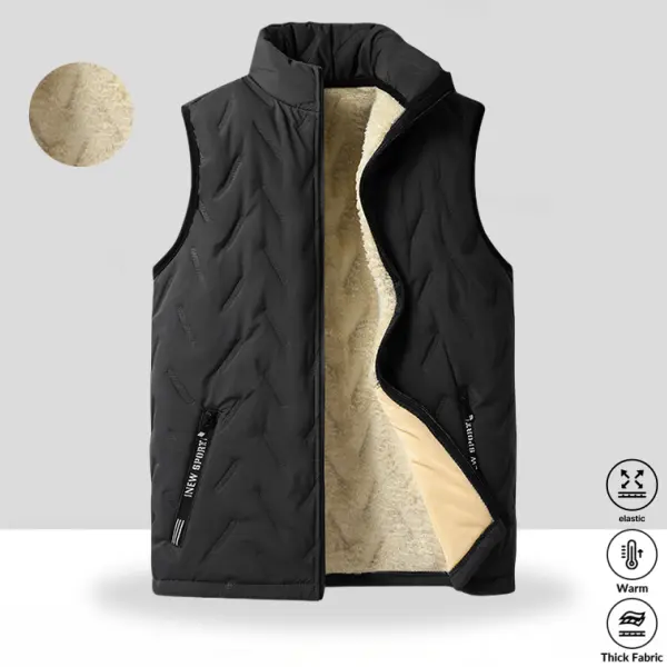One men’s stand collar sleeveless vest with heat-pressed seams and fleece lining; a semi-mature commuter casual top in deep gray—a serene color tone that conveys visual depth, stability, and authority. Heat-pressed construction securely fastens it, while