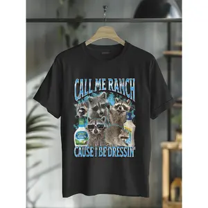 100% Cotton Call Me Ranch Cause I Be Dressin Funny Raccoon Meme Bootleg T-Shirt Casual Short Sleeve Shirt Fabric Menswear Retro Raccoon Moon Graphic T-shirt casual cotton streetwear