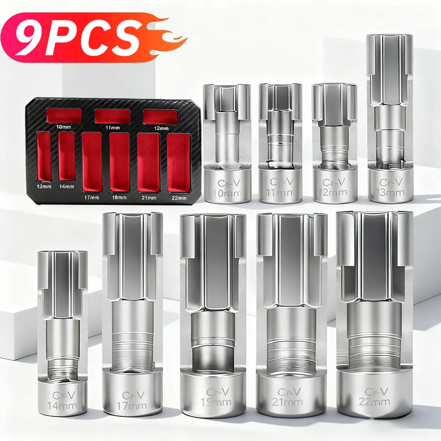 9PCS Metric Flare Nut Socket Wrench Set - Metric Sizes 10-22mm, 3/8"-1/2" Drive Socket Wrenches for Flare Nuts, Bent Pipes, Mechanics' Millimeters-Measuring Tools