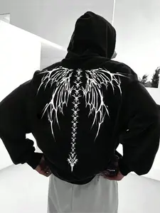 New Men's Homeewear Wing Skeleton Graphic Pattern Hoodie, Graphic Hoodies, Spring & Fall Loose Fit Long Sleeve Casual Graphic Hooded Sweatshirt with Pockets, Fashionable Daily Wear Top, Gothic Rock Hoodie