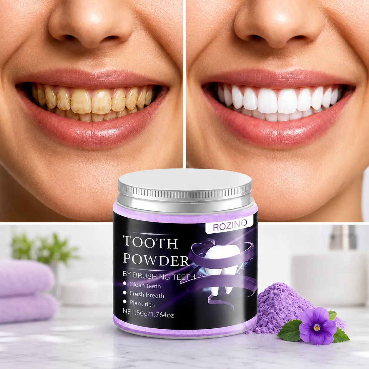 ROZINO Natural Tooth Powder - Teeth Cleaning Powder with Plant-Based Ingredients for Fresh Breath & Healthy-Looking Smile (50g) Brush Oral Whitening Cosmetic