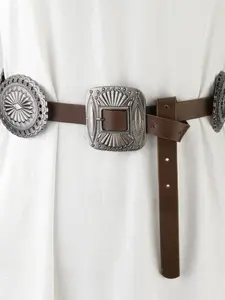 1 piece, vintage ethnic-style belt with floral metal buckle, western pattern gemstone leather belt, unisex fashion accessory, Western Belt Buckles