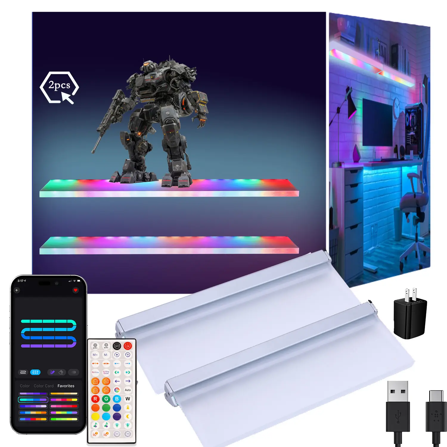 HEDCINLT 2-Pack Acrylic Floating Wall Shelf Unit with RGB LED Lights, App & Remote Control, Side Pockets, Hooks, 20lbs Capacity, Wall-Mounted Organizer for Living Room, Gaming Room (Fits Action Figures)