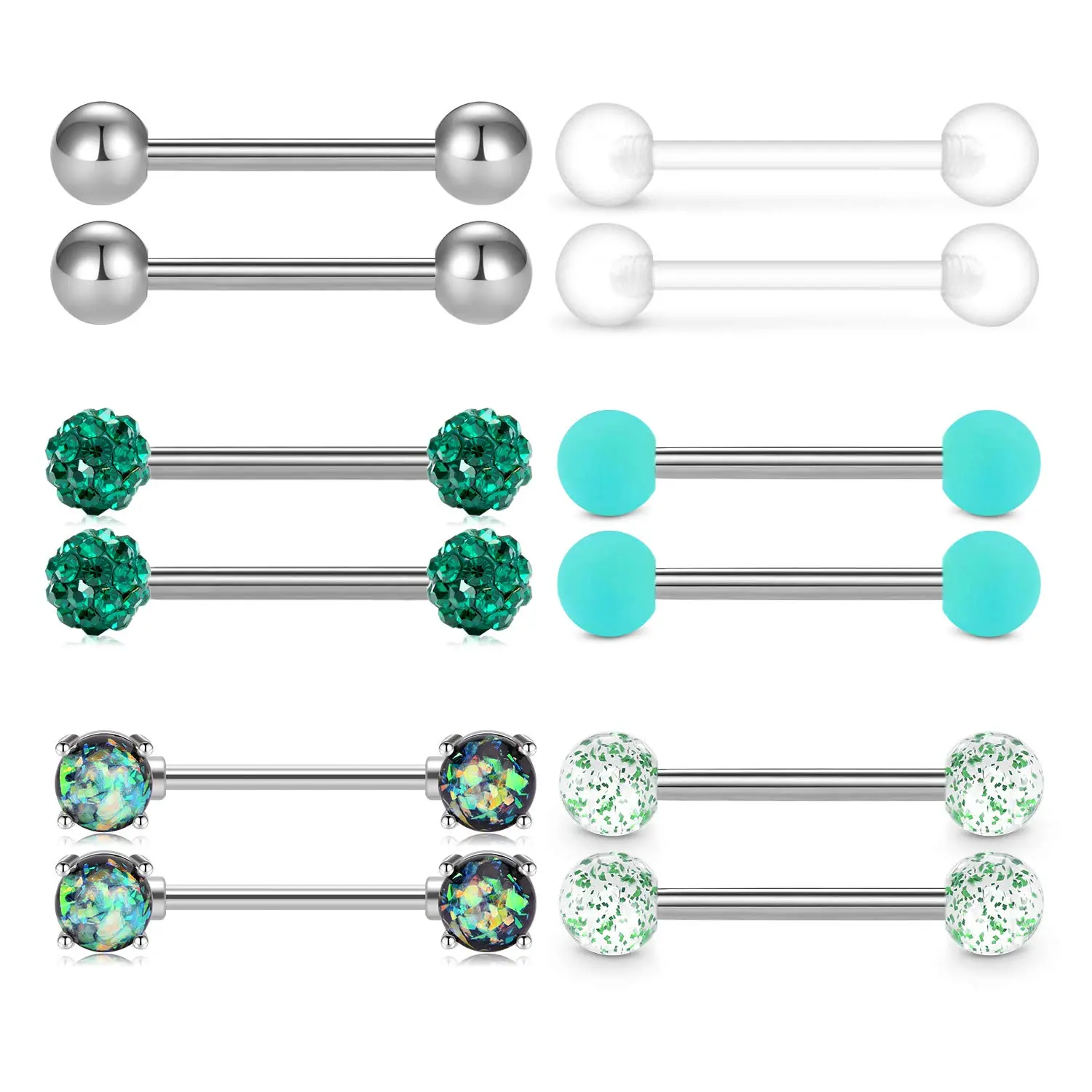 QWALIT 6 Pairs 14G Viper Pill Tongue Rings & Mini Barbells, 316L Stainless Steel Body Piercing Jewelry for Nipple, 14mm with 13/64" (5mm) Ball, Female, Mini Barbell Piercing Jewelry, Pill Tongue Ring Piercing Jewelry