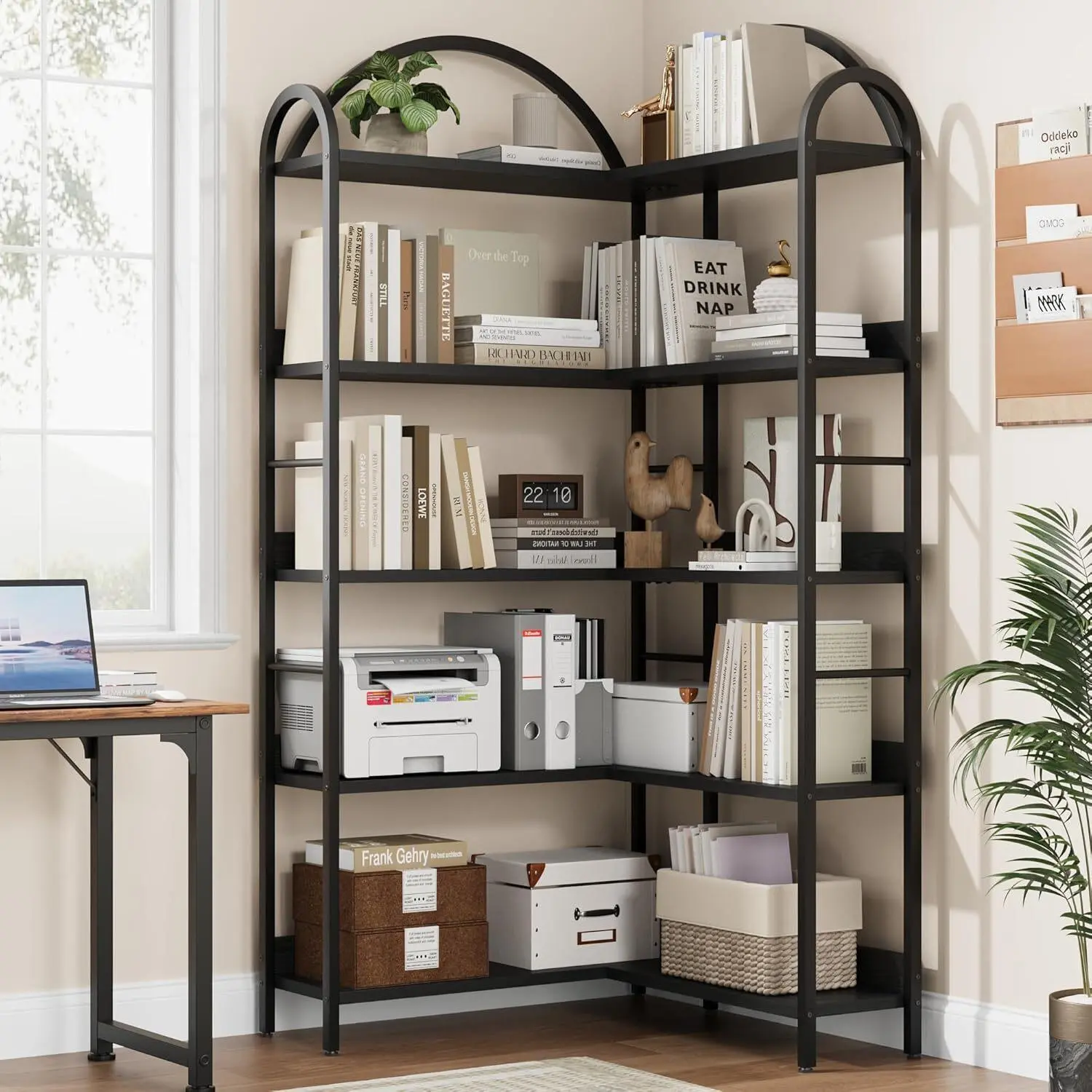 Gaomon Modern Corner Bookshelf - 5-Tier Arched L-Shaped 68.5" Tall Large Bookcase, Ideal for Living Room, Bedroom