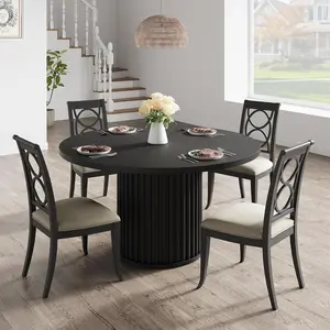 47" Round Dining Table for 4-6  Industrial Kitchen Table with Sturdy Waveform Metal Pedestal Base for Dining Room and Kitchen, Black