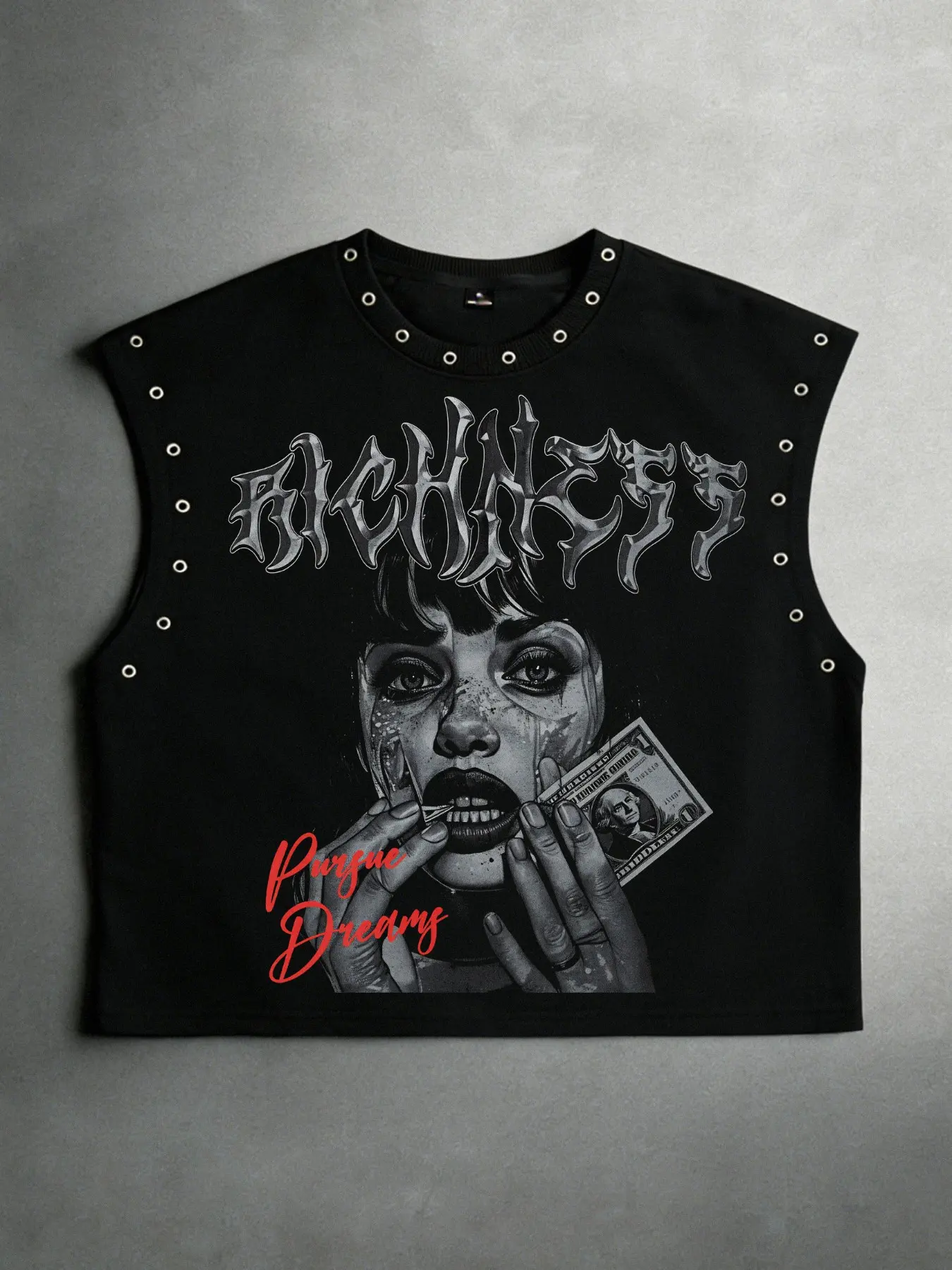 Cropped Sleeveless T-Shirt with Metal Eyelets | Distressed Graphic Tank Top | Summer Apparel: Euro-American Street Style Menswear Fashion | Trendy Brand Vest | Men's New Arrivals 2026: Y2K Summer Vest
